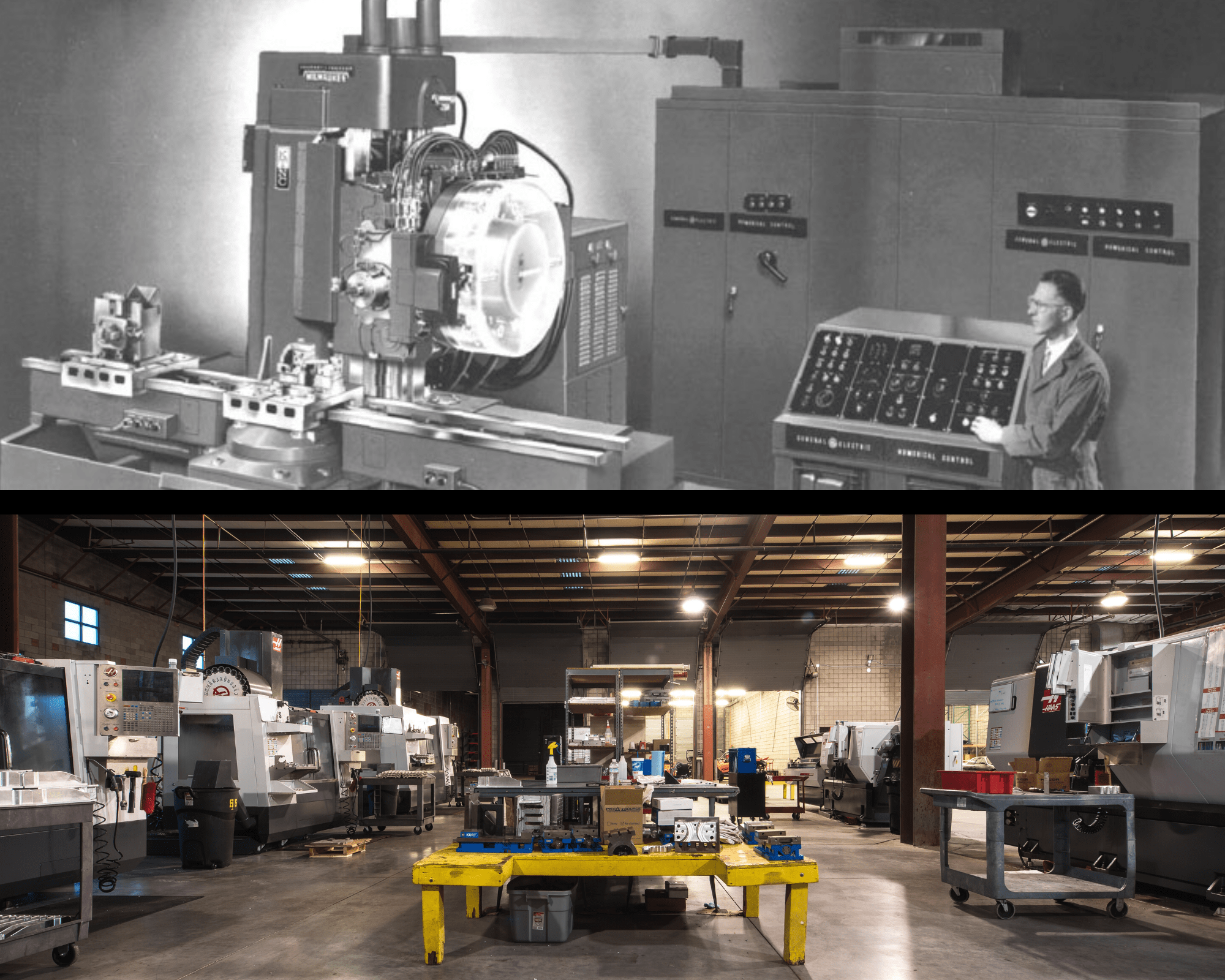 photo collage. Top is old CNC machine and bottom is modern CNC machines.